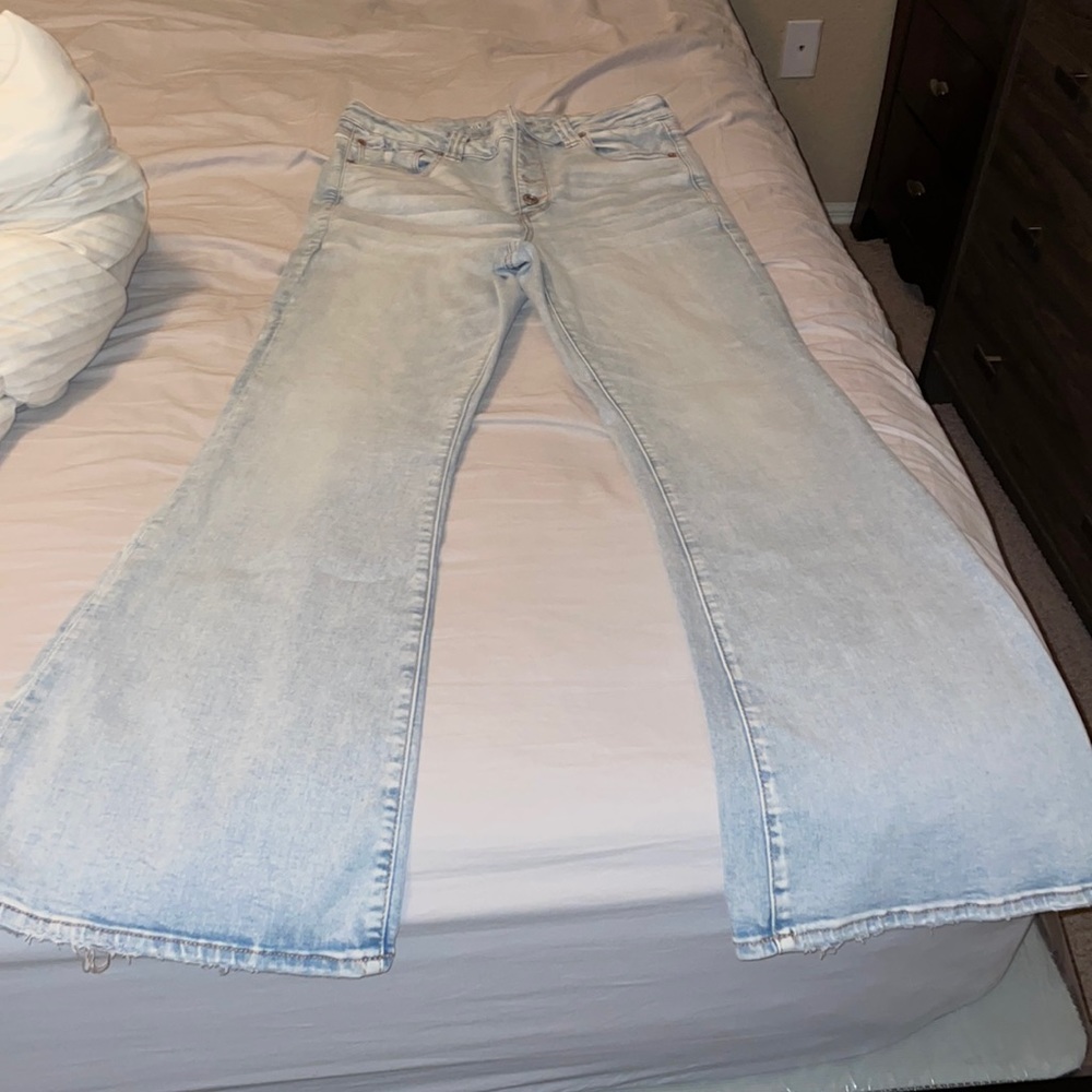 American Eagle super high rise distressed  flare jeans